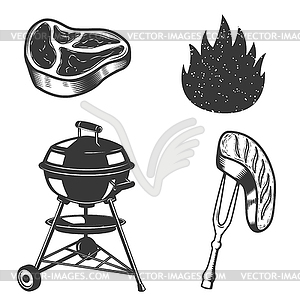 Grill, raw meat, grilled meat, fire. Design element - vector image