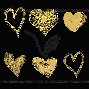 Set of hearts in golden style on dark - vector image