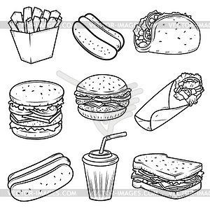 Hot dog, burger, taco, sandwich, burrito .Set of - vector image