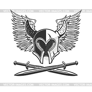 Horned helmet with crossed swords and wings ba - vector clipart