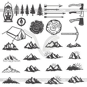 Set of mountains icons. Hiking elements. Design - vector clip art