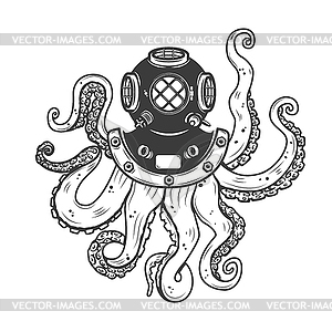 Водолазный шлем с щупальцами осьминога - векторное изображение EPS