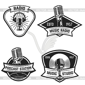 Set of emblems with old style microphone back - vector image