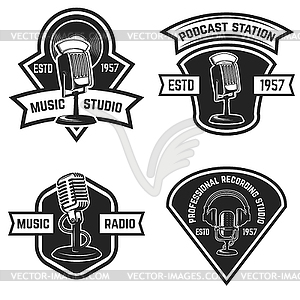 Set of emblems with old style microphone back - vector image