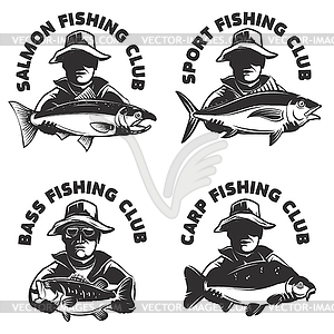 Набор шаблонов этикеток рыболовного клуба. Рыбак - векторный дизайн