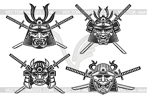 Set of samurai helmets with swords - vector clipart
