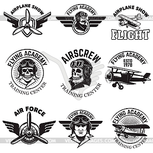 Set of air force, airplane show, flying academy - vector clip art