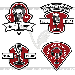 Set of emblems with old style microphone back - vector clipart