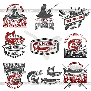 Pike fishing club. Fisherman`s icons. Design - vector clipart