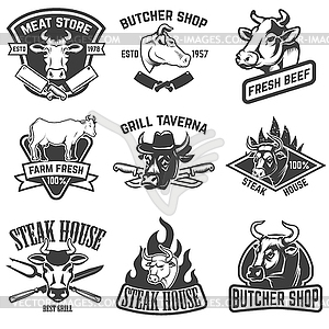 Set of beef meat, steak house emblems. Design - vector EPS clipart