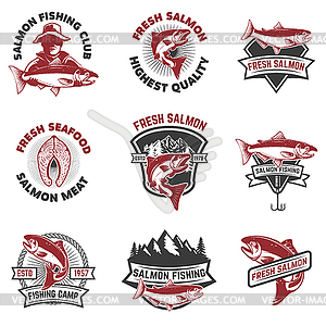 Set of salmon fishing emblems. Design elements for - vector clip art