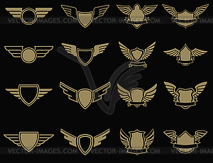 Set of winged emblems in golden style. Design - vector image