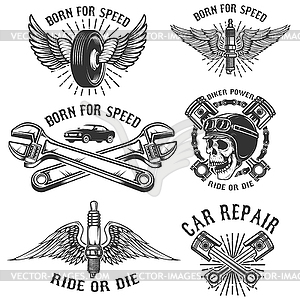 Set of car repair and racing emblems. Spark plug - vector clipart