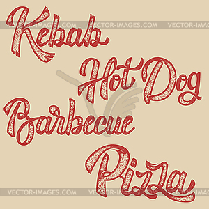 Kebab, hot dog, pizza, barbecue. Set of lettering - vector clipart