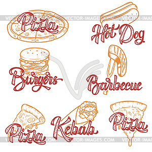 Pizza, barbecue, kebab, hot dog, burgers. Set of - royalty-free vector clipart