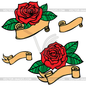 Set of old school tattoo style roses with ribbons - vector image