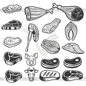 Set of meat icons. Pig and cow heads. Design - vector clip art