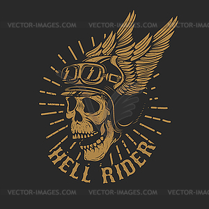 Racer skull in winged helmet on dark background. - vector clip art