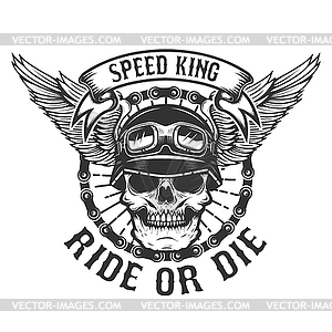 Racer skull with wings. Biker power. Ride or die. - white & black vector clipart