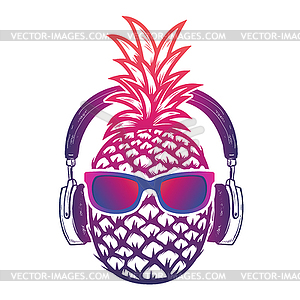 Pineapple with sunglases and headphones. Summer - vector clip art