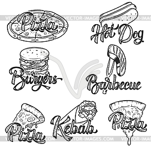 Pizza, barbecue, kebab, hot dog, burgers. Set of - vector image