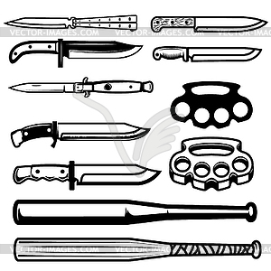 Set of gangsta weapon. Knives, brass knuckle, - vector clip art