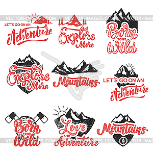 Hiking, mountain exploration emblems. Handwritten - vector clip art