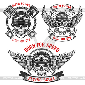 Born for speed. Set of biker skulls in helmets, wit - color vector clipart