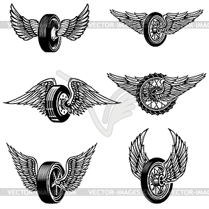 Set of winged car tires. Design elements - vector image