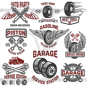 Garage, service station, tires shop, auto parts - vector clip art