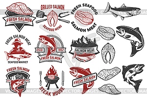 Salmon meat labels and badges. Seafood grill. Fish - vector image