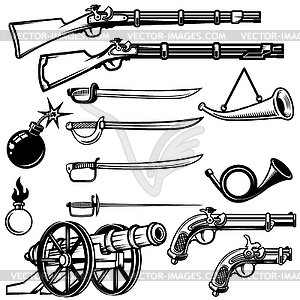 Set of ancient weapon. Muskets, saber, cannons, - vector clipart