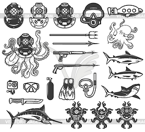 Big set of diving icons. Diver equipment, weapon, - vector clip art