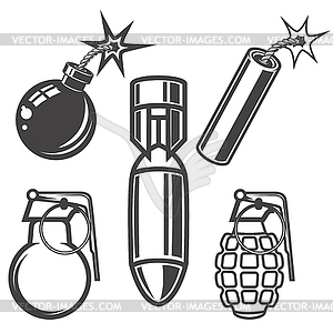 Set of bomb, greenade, dynamite stick s back - vector image