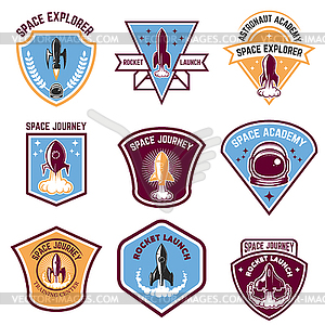 Space camp emblems. Rocket launch, astronaut - vector image