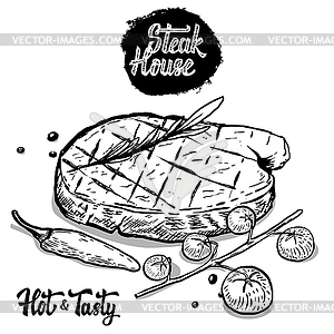 Steak house. beef steak with rosmarine, cherry - vector clip art