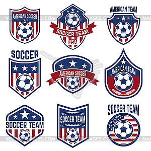 Set of american soccer team labels. Emblems with - vector image