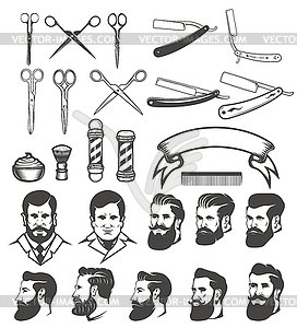 Set of barber tools. Man`s heads. Design elements - vector image