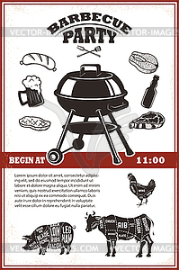 Vintage bbq party poster template. Grill, steak, - vector image