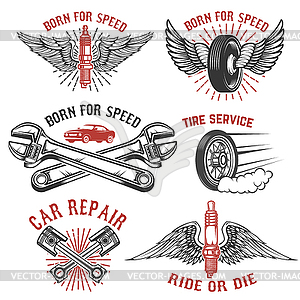 Набор шиномонтажных, авторемонтных этикеток. Поршни, ca - стоковый векторный клипарт