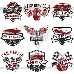 Set of tire service, car repair labels. Pistons, ca - vector clip art