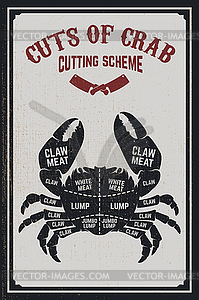 Crab meat cutting cheme. Crab silhouette on grunge - vector image