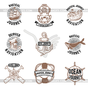 Set of nautical emblems. Skipper, anchor, vessel, - vector clipart / vector image