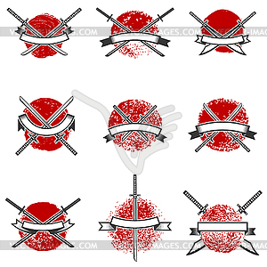 Set of labels with samurai swords. Design elements - vector clipart