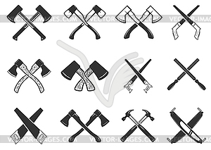 Set of crossed carpenter tools. Design elements - vector clip art