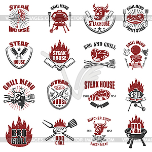 Set of steak house labels. BBQ, butcher tools, - vector clip art