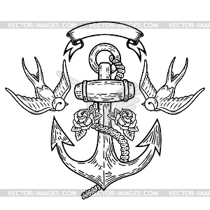 Anchor with swallows and roses. Tattoo design. - vector image