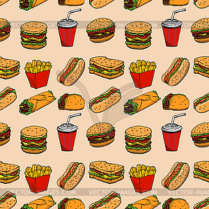 Seamless pattern with fast food. Hamburger, hot dog - vector image