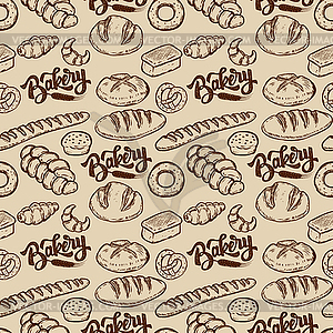 Bakery. Seamless pattern with bread, bun, bagel, - vector clipart