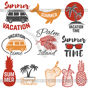 Set of summertime emblems. Palm trees, sunglasses, - vector image
